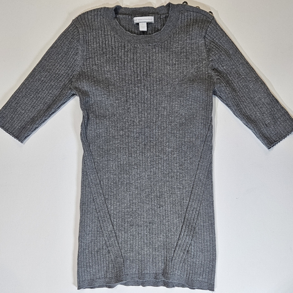New York & Company‎ Sweater Size Small Grey Ribbed 1/2 Sleeve Ribbed Lightweight